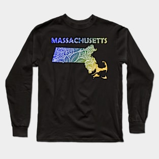 Colorful mandala art map of Massachusetts with text in blue and yellow Long Sleeve T-Shirt